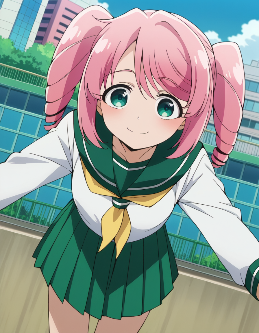 score_9, score_8_up, score_7_up, source_anime,
harukahanabishi, <lora:haruka-hanabishi-ponyxl-lora-nochekaiser:1>
haruka hanabishi, twintails, green eyes, pink hair,
skirt, shirt, long sleeves, school uniform, white shirt, pleated skirt, serafuku, sailor collar, neckerchief, green skirt, green sailor collar,
outdoors, cityscape, bent over, smile,
looking at viewer, dutch angle, cowboy shot