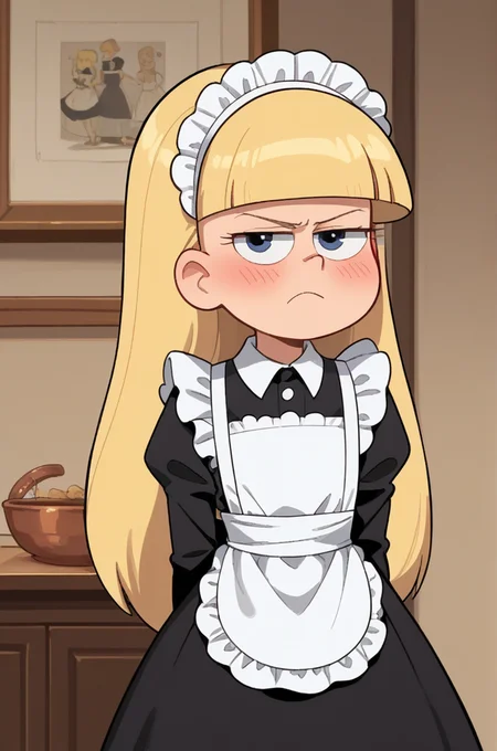 score_9,score_8_up,score_7_up, BREAK,
<lora:Pacifica_Northwest_-_Gravity_Falls_PonyXL:0.85> pacifica, long hair, blonde hair, blunt bangs, bangs,
1girl, blush, pout, maid outfit, flat chest, small body, cute, black dress, white apron, looking at viewer,