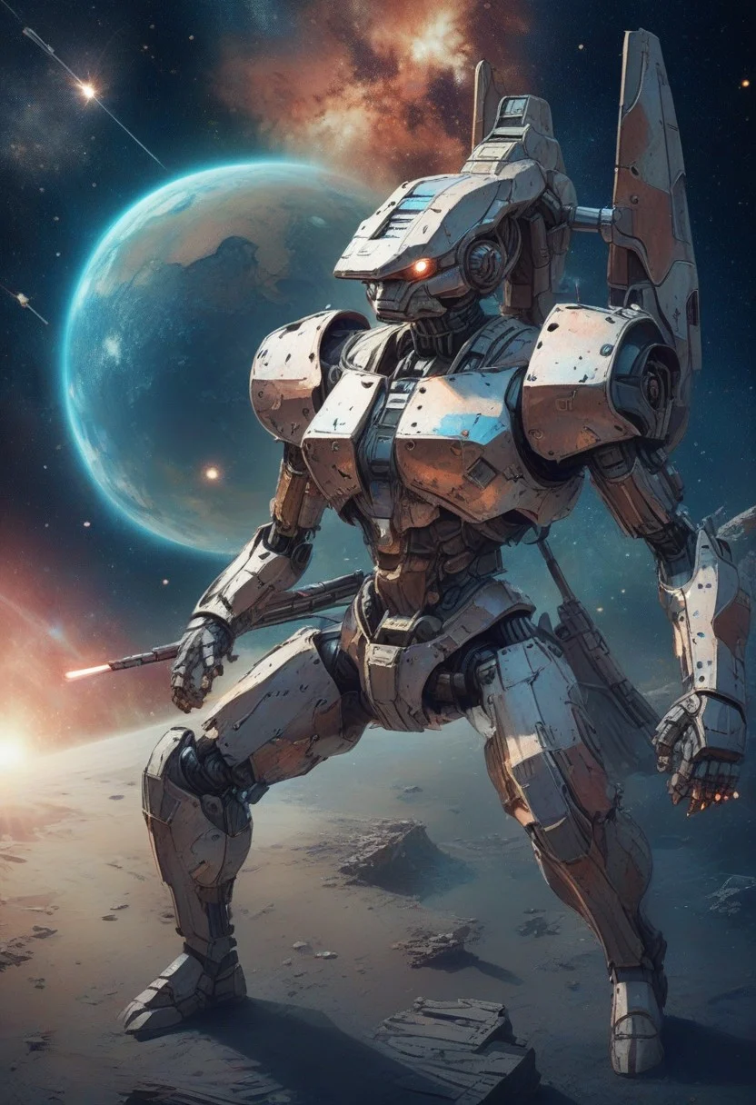 lazympos,
mecha,made of copper,science fiction,no humans,glowing,retro artstyle,space,star \(sky\),planet,earth \(planet\),space craft,starry sky,weapon,milky way,