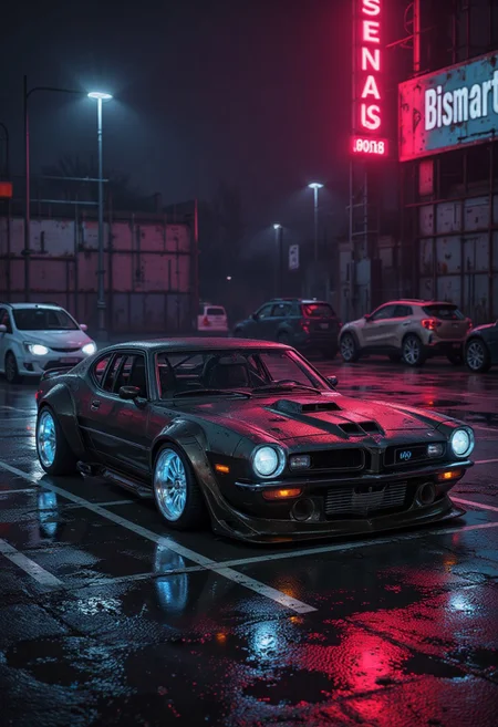 ((Toyota Celica T23 :1.3), Germany, 3/4 front view of ((futuristic cyberpunk hotrod zeekars)) (with glowing tires), in parking lot), big neon sign, racing, multiple cars, beautiful scenery flowing at high speeds, cars with sweaty hands and feeling of speed (with glowing tires), midnight, dynamic angle, racing, motion, multiple cars (beautiful scenery flowing at high speeds, cars with sweaty hands and feeling of speed:1.4), detailed textures, high quality, high resolution, high precision, illustration, color correction, proper lighting setup, harmonious composition, work from Behance,
<lora:Dieselcore:0.7> d1eselc0re <lora:Glitchcore_Flux:0.4> gl1tchc0re