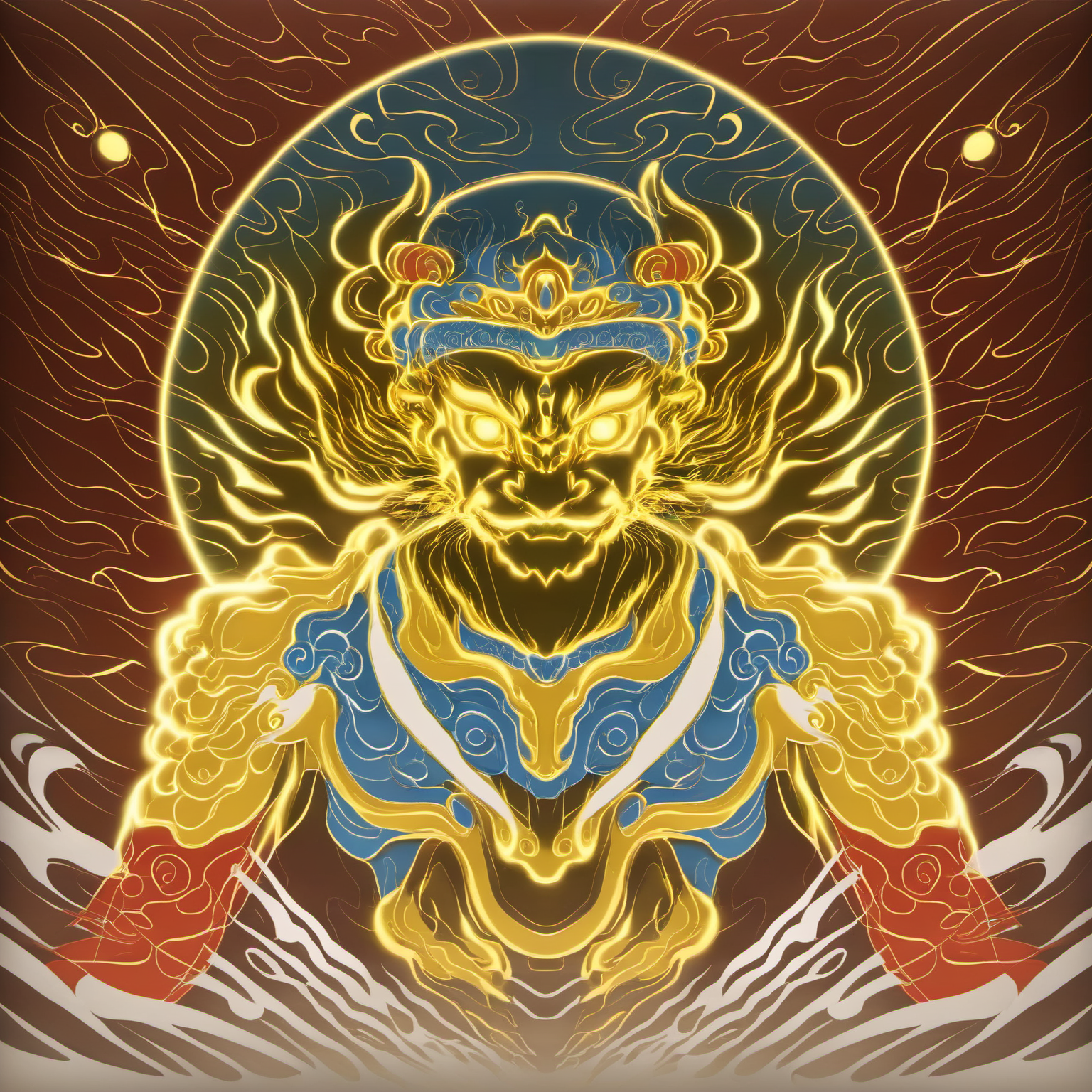 a projection of immortal,halo,<lora:eastern_mythology_xl:0.7>,golden line,tangka,mix,front view,