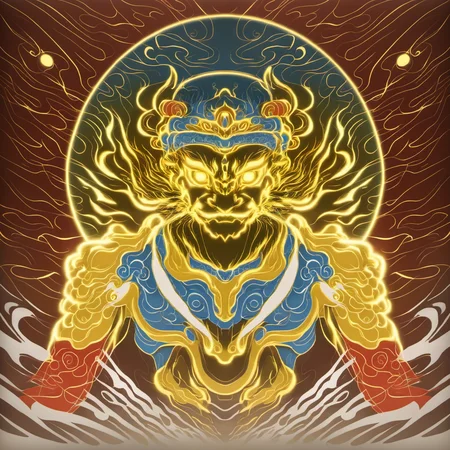 a projection of immortal,halo,<lora:eastern_mythology_xl:0.7>,golden line,tangka,mix,front view,