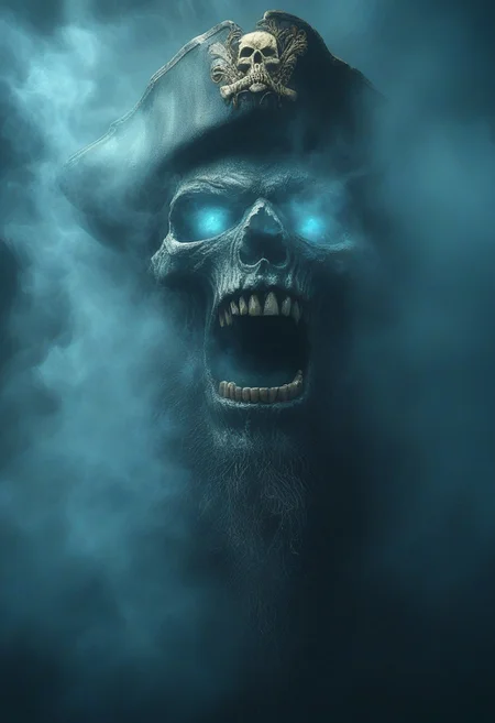 A skeleton pirate with glowing eyes wearing a captains hat, mouth open screaming, surrounded by smoke and fire. A portrait in the style of fantasy art with cinematic lighting and blue tones. Volumetric light on a dark background. Rendered in Octane.. hkpirate, masterpiece, best quality, highly detailed, sharp focus, dynamic lighting