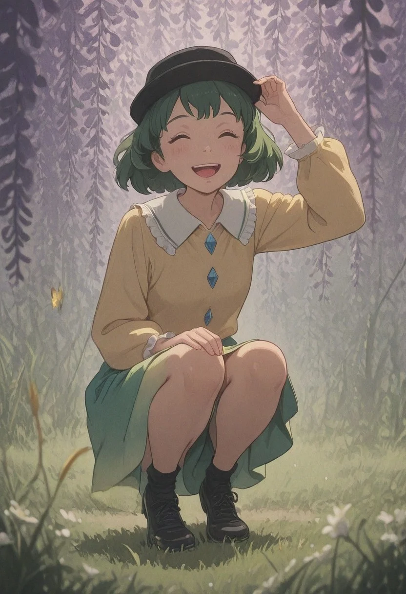 1girl, :d, ^ ^, joy, ankle socks, black hat, black shoes, black socks, blouse, blurry foreground, buttons, closed eyes, collared shirt, diamond button, frilled shirt collar, frilled sleeves, frills, full body, gradient skirt, grass, green hair, hand on hat, hand on own knee, hand up, leaf, outdoors, short hair, smile, solo, squatting, white flower, wisteria, yellow butterfly, yellow shirt,
newest, absurdres, highres, very aesthetic, Masterpiece, Best quality, eye-catching, perfect eyes, pretty, cute, detailed face, beautiful detailed eyes, dan decarlo, studio_ghibli
