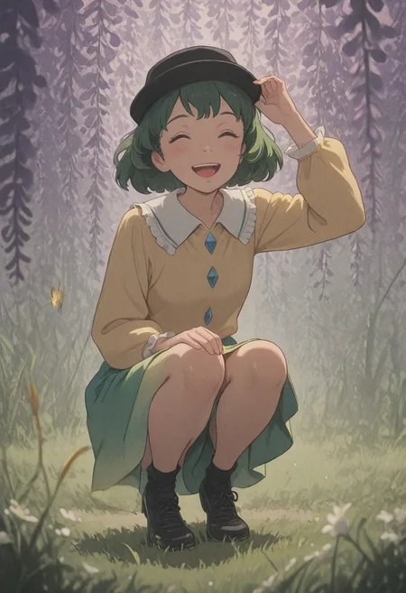 1girl, :d, ^ ^, joy, ankle socks, black hat, black shoes, black socks, blouse, blurry foreground, buttons, closed eyes, collared shirt, diamond button, frilled shirt collar, frilled sleeves, frills, full body, gradient skirt, grass, green hair, hand on hat, hand on own knee, hand up, leaf, outdoors, short hair, smile, solo, squatting, white flower, wisteria, yellow butterfly, yellow shirt,
newest, absurdres, highres, very aesthetic, Masterpiece, Best quality, eye-catching, perfect eyes, pretty, cute, detailed face, beautiful detailed eyes, dan decarlo, studio_ghibli