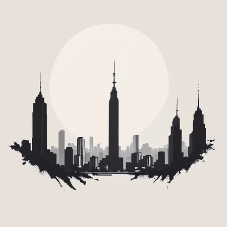 Minimalist Vector Art, ArsMJStyle, The image depicts a black and white outline of a city skyline at dusk, with the sun setting behind the buildings. The buildings are simplified into basic geometric shapes, and the background is white. The overall mood is calm and urban. city skyline, sunset, silhouette, monochrome, greyscale, simple background, white background, urban. core_9, score_8_up, score_7_up, score_6_up, <lora:Minimalist_vector_artPony:1>
