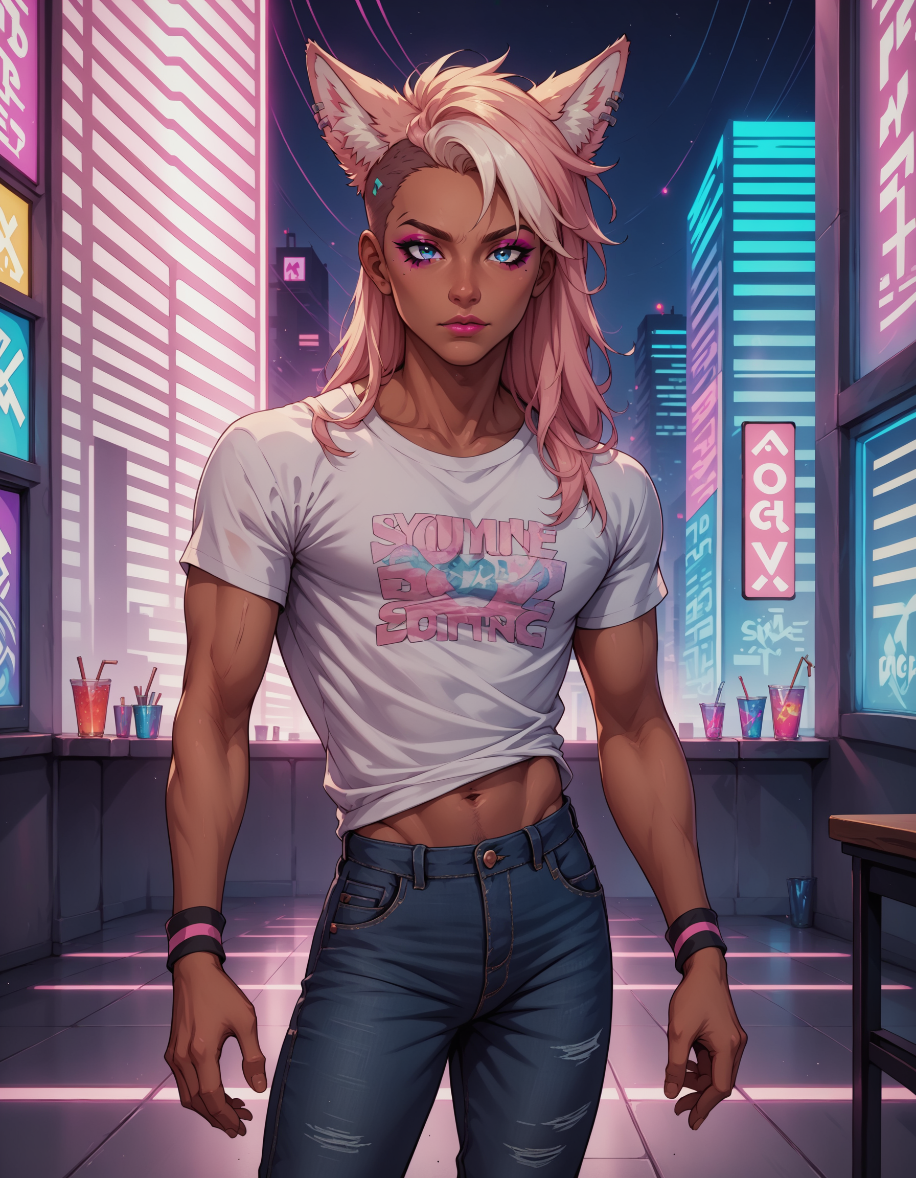 PonyXLV6_Scores 1boy, solo, transgender male, fox ears, animal ears, tan, tan skin, ganguro, two tone hair, long hair, wearing a black and pink anime tshirt, denim jeans, makeup, wristband, lipstick, jewelry, depth of field, vaporwave, citypunk, indoors, library DskOtrn_PnyXL