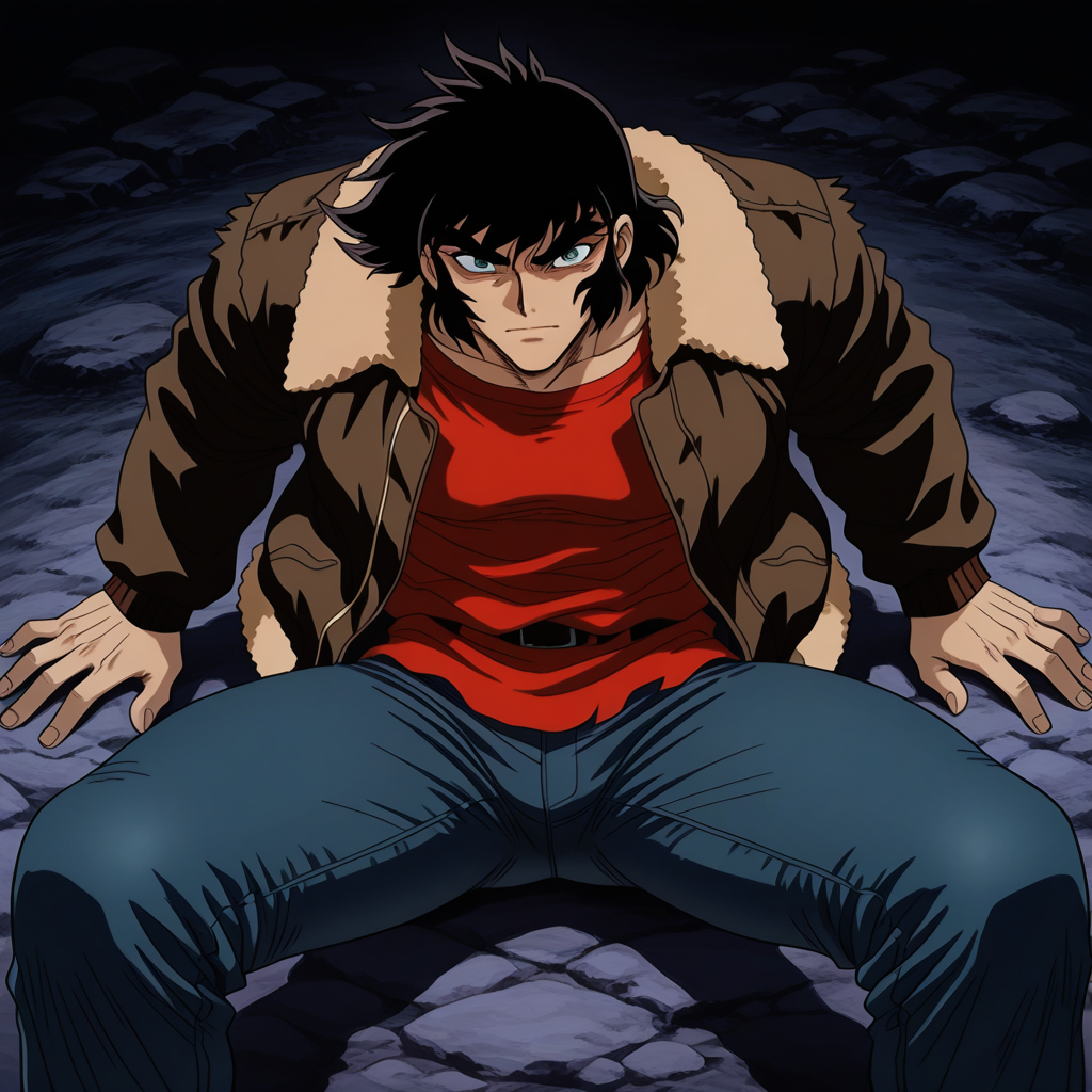 1boy,solo,c_gett,nagare ryoma,jeans,bomber jacket,fur trim,red shirt,<lora:IL_nagare_ryoma_Getter_Robo_Armageddon:1>,, masterpiece,best quality,amazing quality,very aesthetic,absurdres,