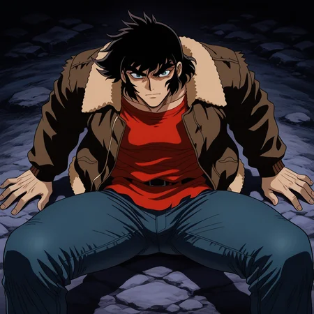 1boy,solo,c_gett,nagare ryoma,jeans,bomber jacket,fur trim,red shirt,<lora:IL_nagare_ryoma_Getter_Robo_Armageddon:1>,, masterpiece,best quality,amazing quality,very aesthetic,absurdres,