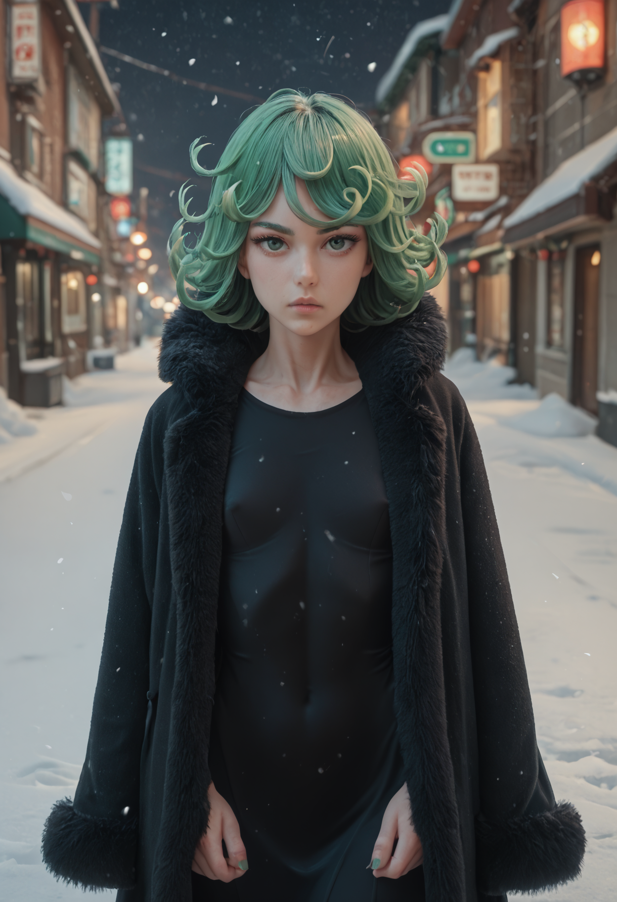 yuec, score_9, score_8_up, score_7_up,solo,a girl, cute, athletic, slender, tatsumaki, green hair, black dress, fur coat, snow street, night, upper body, pov  <lora:YUE_C_Style:1>