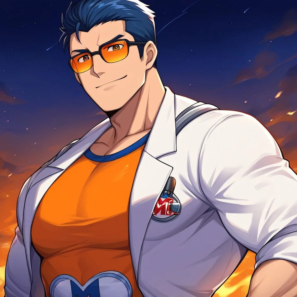 Mr. Muscle, blue hair, dark, scientific suit heroes, muscles, brown eyes, orange glasses, male appearance, solo , 1Boy,Dizdoodz Style
