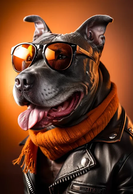 high quality, professional portrait photo of a happy Gray Pitbull wearing a leather motorcycle jacket, a tan scarf, and (black Rayban wayfarer sunglasses:1.2), vivid reflections, ultra detailed, insane texture, HDR, focus stacking, soft bokeh, 8K, award winning studio photography, (dark rim lighting:1.2), orange smokey glow background, cinematic, vignette <lora:Gray Pitbull Dog:1> <lora:MJ52:0.4>