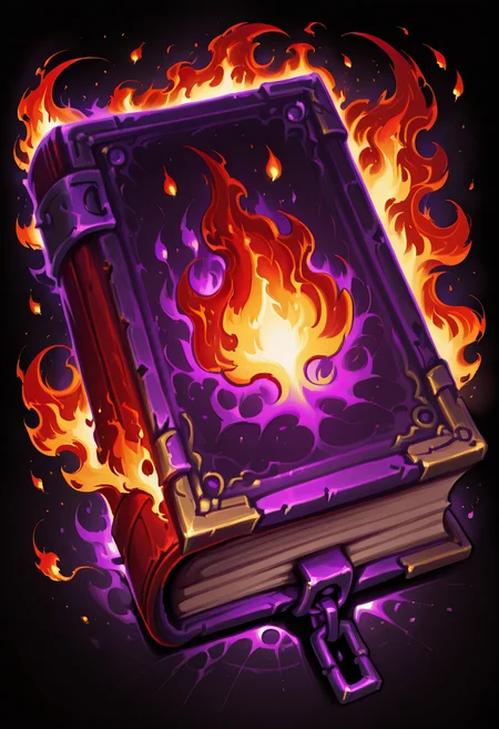 masterpiece, best quality, no humans, CitronsGrimoires, simple background, black background, purple theme, fire, chains red book, ,<lora:CitronsGrimoiresIXL:1.0>,