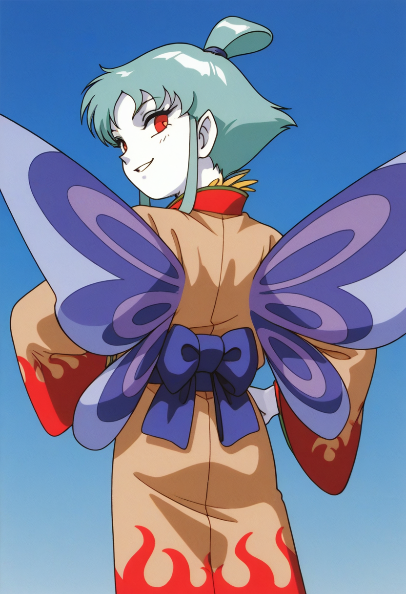 masterpiece, best quality, source_anime,official art,perfect_anatomy,1990s_\(style\),retro_artstyle,1girl,Falzeb,aqua_hair,red_eyes,white_skin,fairy_wings,japanese_clothes,kimono,long_sleeves,wide_sleeves,looking_at_viewer,grin,back,hip,In flight,from behind,blue_sky