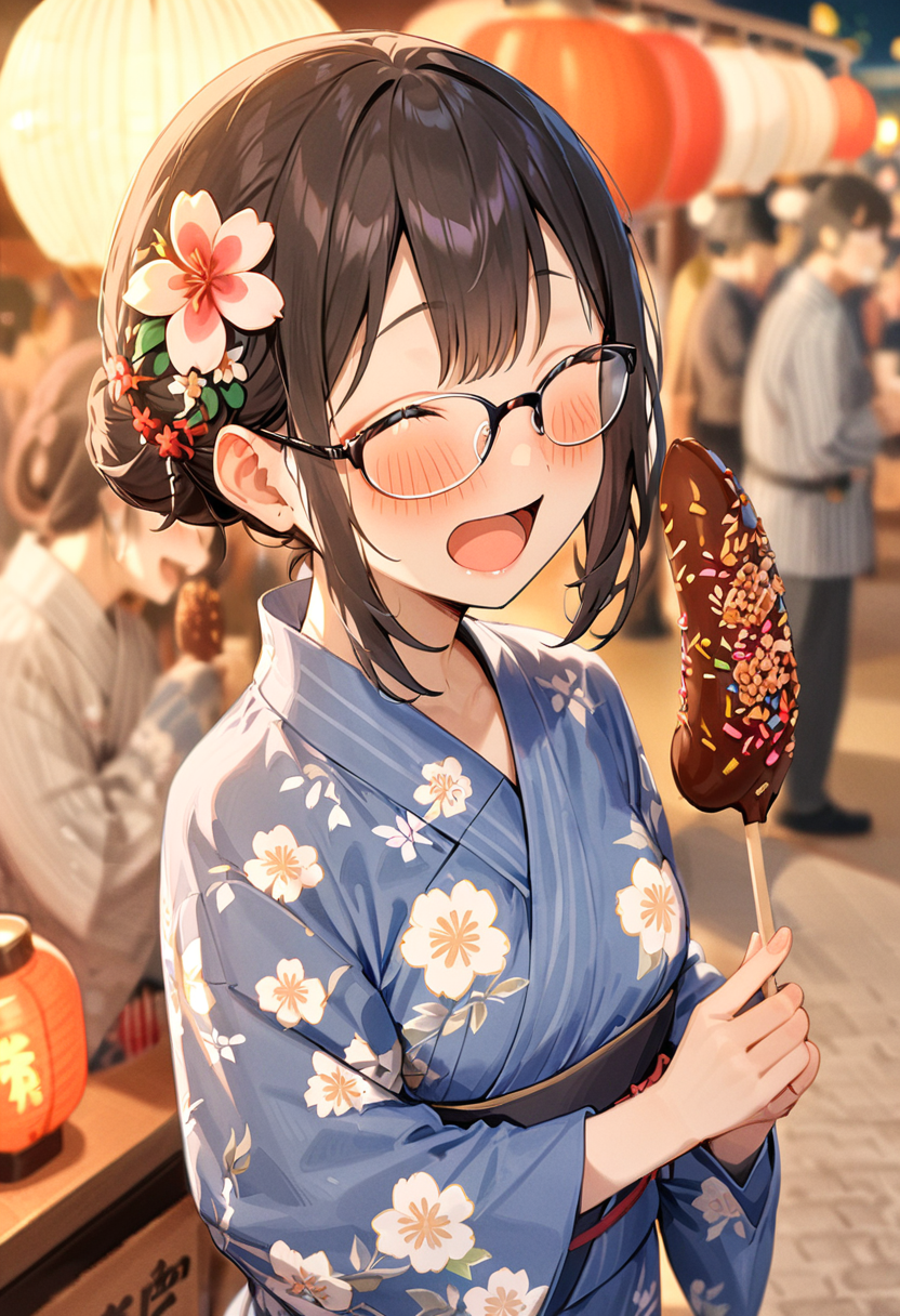 masterpiece, best quality, very aesthetic, absurdres,
chocolate banana, 1girl, solo, glasses, black hair, food, long hair, blush, holding, holding food, yukata, floral print, hair ornament, hair flower, hair bun, uchiwa, paper fan, paper lantern, night, blurry background, happy, laughing,  
<lora:chocolate_banana_SDXL_V1:1>