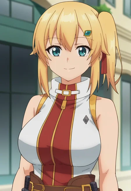 <lora:Emma Brightness:1> emma brightness, blonde_hair, 1girl, hair_ornament, blue_eyes, hairclip, solo, side_ponytail, large_breasts, , looking at viewer, upper body, smile, score_9, score_8_up, score_7_up, , anime coloring ,BREAK source_anime, anime