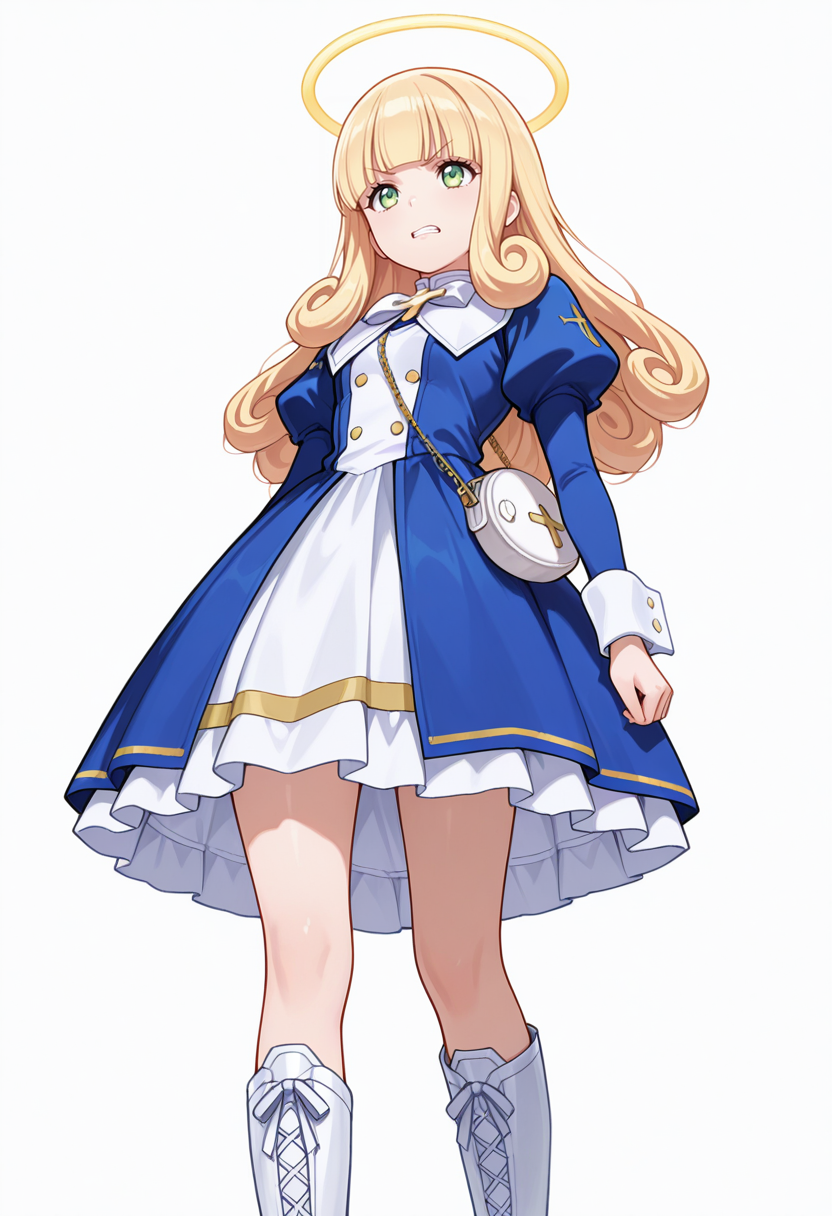 Smooth Quality,masterpiece,very intricate, high quality details, ultra realistic, high detailed skin,detailed enviorement,absurdres,
akanbe,
 <lora:Poporon_CNR:0.8> poporon_cnr, 1girl, blonde hair, long hair,blunt bangs, green eyes, poporon_cnr_def, blue dress, long sleeves, puffy sleeves,cross,handbag, knee boots, halo,curly hair,, grimace,, simple background, white background, from below,solo,