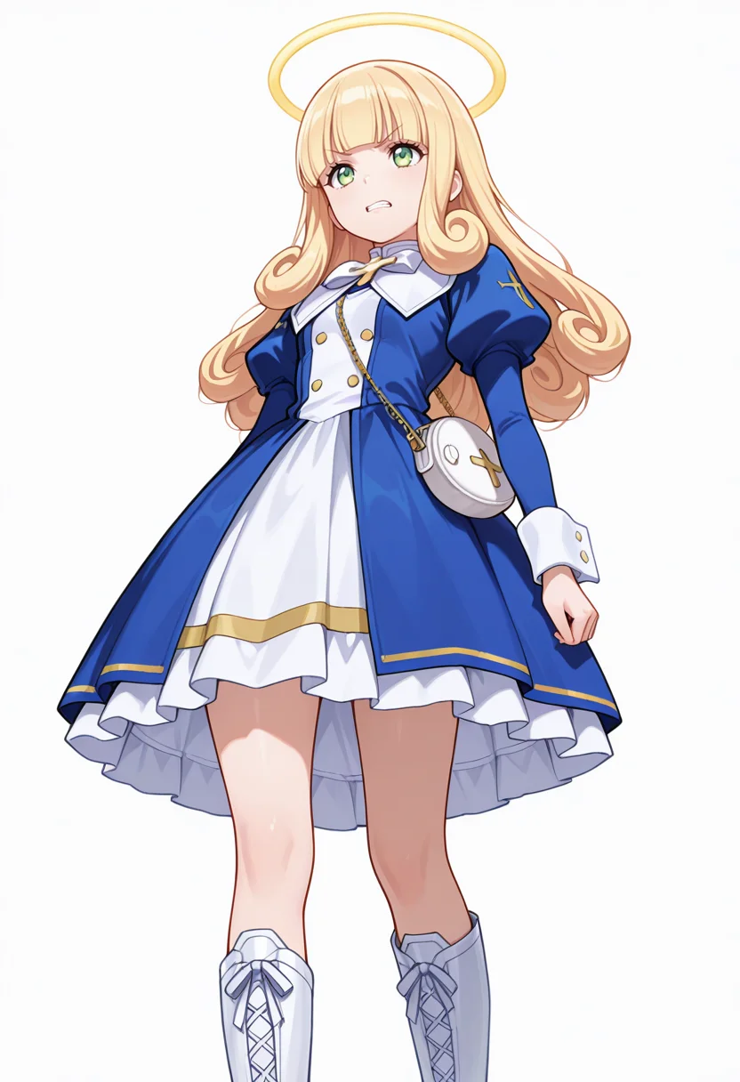Smooth Quality,masterpiece,very intricate, high quality details, ultra realistic, high detailed skin,detailed enviorement,absurdres,
akanbe,
<lora:Poporon_CNR:0.8> poporon_cnr, 1girl, blonde hair, long hair,blunt bangs, green eyes, poporon_cnr_def, blue dress, long sleeves, puffy sleeves,cross,handbag, knee boots, halo,curly hair,, grimace,, simple background, white background, from below,solo,