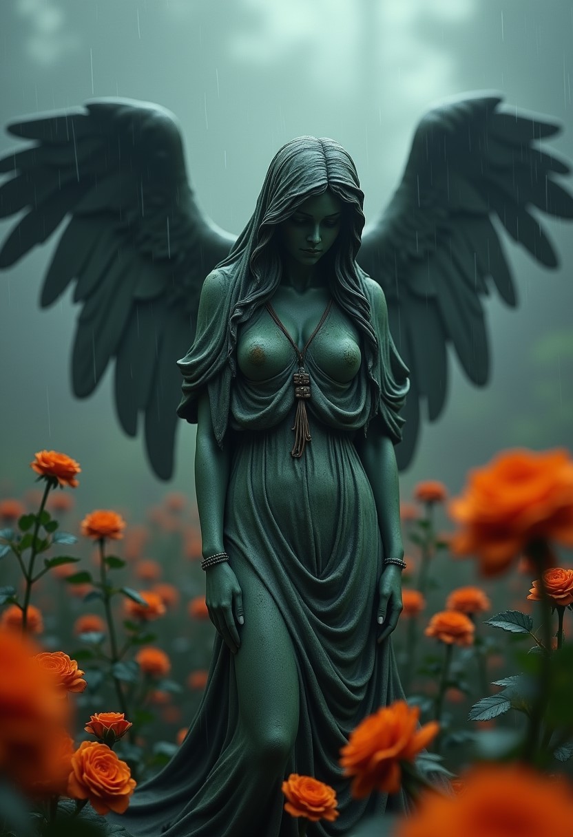 presents an enigmatic victorian garden, orange roses, gothic, rain and fog, halloween, full body, woman statue, weeping statue, "weeping angel" , angel of death, patina, swirling mist, thick fog, hyperdetailed, photorealistic, hyper realistic, cinematic lighting, volumetric lighting, intricate detail, unreal engine 5, in the style of pictorialism influence the (essence of Sophie Wilkins' fantastical, dark background, Peter Holme III's, and Pipilotti Rist's bold art). forms beings, abstract composition, fantastical illustrations, bold art, morphing shapes, while the surrounding darkness imbues the image with an air of mystery and secrets untold. lending an air of melancholy to this cinematic masterpiece.