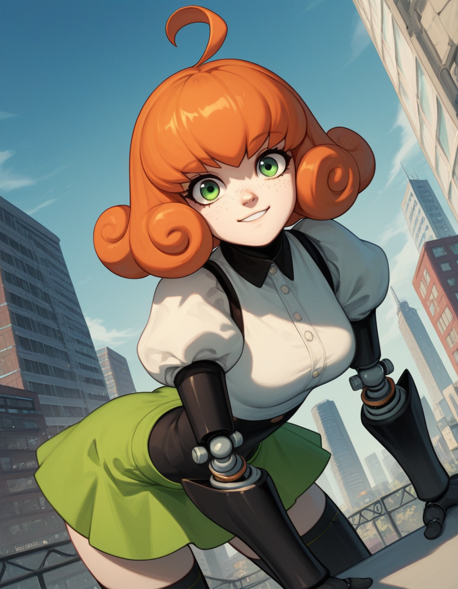 score_9, score_8_up, score_7_up, source_anime, <lora:penny-polendina-ponyxl-lora-nochekaiser:1>, penny polendina, long hair, green eyes, ahoge, orange hair, freckles,, skirt, shirt, thighhighs, gloves, long sleeves, bow, white shirt, black gloves, puffy sleeves, green skirt, android, joints, robot joints, mechanical legs,, cityscape, street, bent over, smile, looking at viewer, solo, cowboy shot, dutch angle