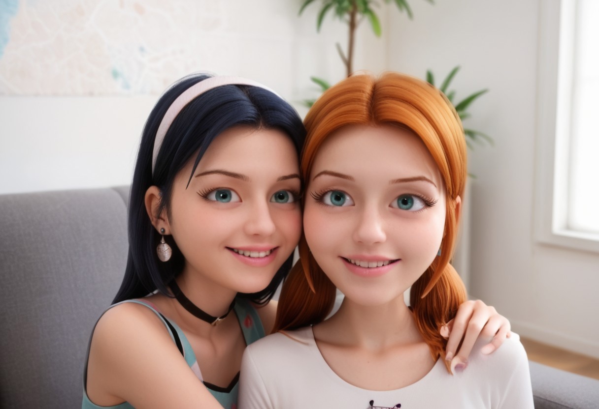 score_9, score_8_up, score_7_up, score_6_up, 
2girls, sitting together, on a couch, (leaning against each other, head on shoulder, cheek to cheek:1.4),
1girl, Sabrina Raincomprix, long hair, orange hair, green eyes, fair skin, earrings, white blouse, choker, 
1girl, Marinette Dupain-Cheng, long hair, bright bluebell eyes, black hair, twin tails, earrings, red blouse, choker, 
perfect eyes, real skin, amateur, photo, solo, perfect face, perfect eyes, sexy, beautiful eyes, petite body, 
masterpiece, best quality, amazing quality, 
heavy blush, thick dark eyelashes, tiny body,
(skinny girl), on a couch, family home, living room, wall pictures, plants,
blurry background, lot of people in background, shy expression, depth of field, volumetric lighting, biting lips, vibrant colors, intricate details, 
smiling, teeth, arms crossed, close up on face, real skin,