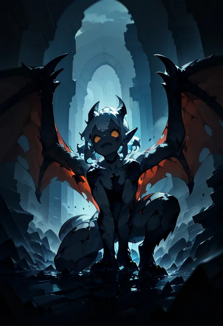 1girl, (monster girl, gargoyle girl), (stone body), (cracked skin:1.3), (colored skin, unnatural skin color, grey skin), (no pupils), pointy ears, child, cyan hair, medium hair, curly hair,         
BREAK   1girl, hand on ground, hand between legs, one knee on ground,       
BREAK               Dragon Scales skin, Dragon wings, fang, Black Choker,  dark fantasy, dust, fog, underworld street, underground city, (fantasy, medieval, ancient),     
BREAK safe, masterpiece, best quality, very aesthetic, absurdres, highres, newest, <lora:ponyv5_noobV065S_1_adamW:0.7>, <lora:lora:0.4>, <lora:Unstable_v1.0_f:1>
