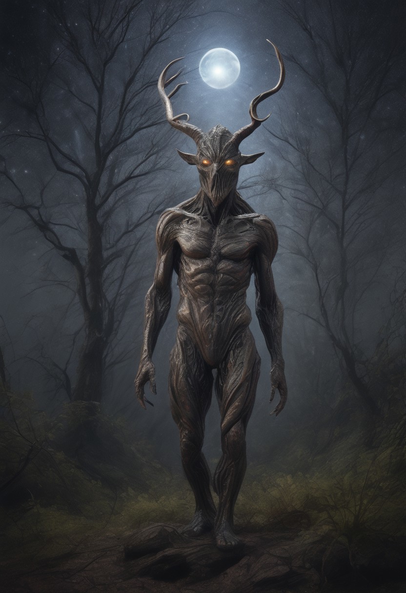 masterpiece,best quality,amazing quality,very aesthetic,absurdres,newest, huge filesize, absurd res, 
pascaH, no face, monster, grey skin, wrinkly body, horns, full body, side view, claws, forest, nighttime, stars, moon, trees, clouds, grass, fireflies, beautiful, glowing, scenery, Petrified Wood Morph,