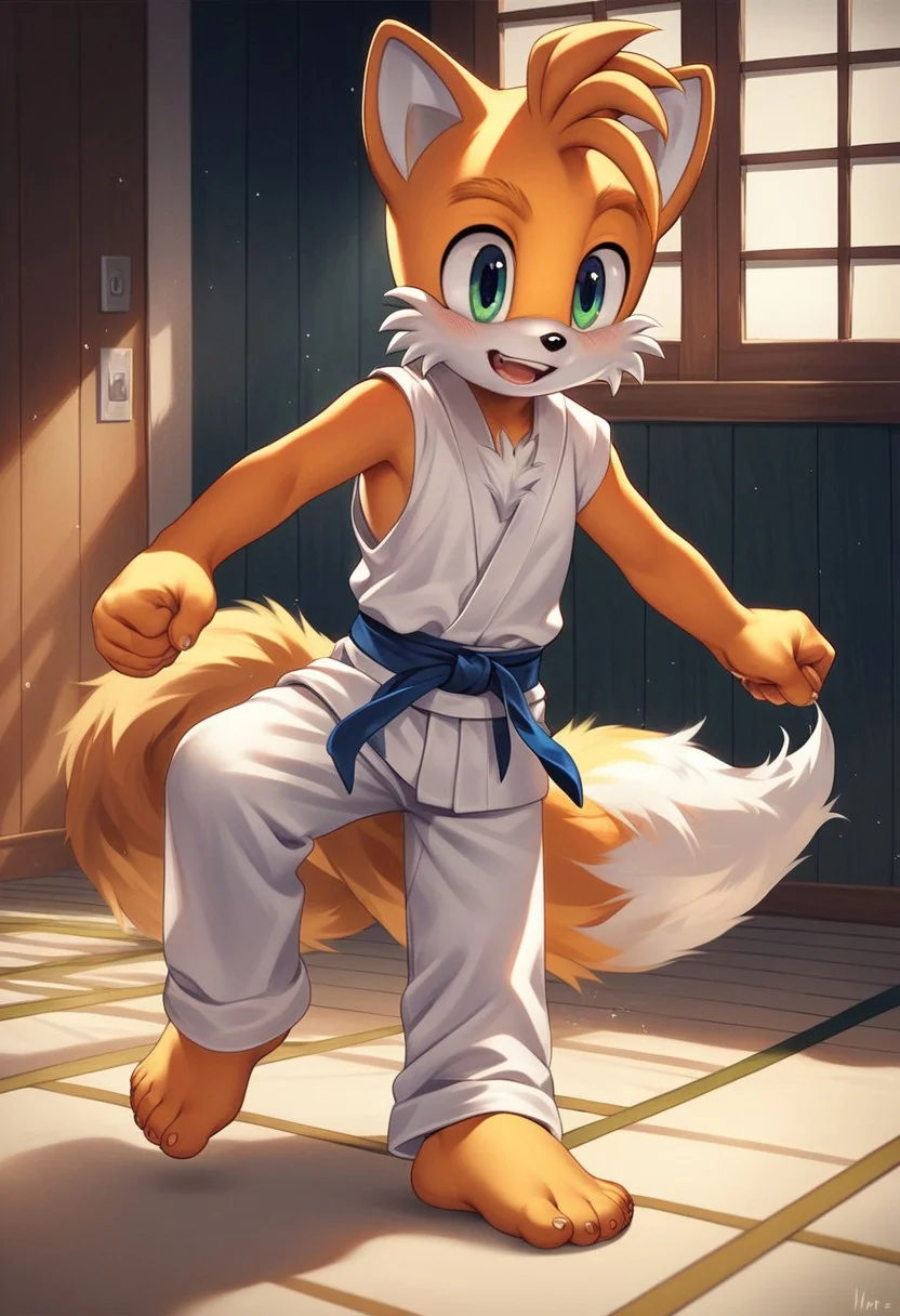 Score_9, score_8_up, score_7_up, score_6_up, score_5_up, score_4_up, solo, Sonic the Hedgehog, Miles Tails Prower, male, orange fur, white muzzle, white mane, fox, canid, fox tail, two tails, young, cub, cute, karate uniform, barefoot,
Karate, fighting stance,
(),
Room, masterpiece, high quality, best quality, detailed shaders, digital artwork, highly detailed, source_furry