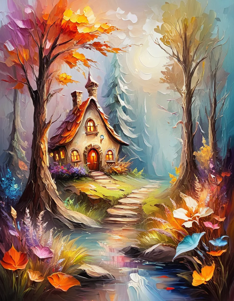 novuschroma25 style mystical fantasy land with enchanted forests, whimsical creatures as an impasto painting <lora:novuschroma25 style_light:1>