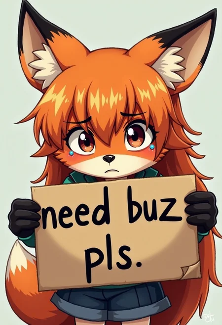 A very sad crying foxgirl holding a sign that says "need buzz pls"