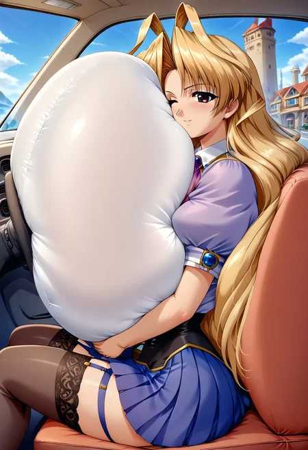 <lora:kazetsubaki_kuriko_epoch_9:1.0> kazetsubaki_kuriko, std_uniform, solo, skirt, thigh_strap, garter_straps, thighhighs,, masterpiece,best quality,absurdres, huge breasts, hyper breasts, sitting, car interior, airbag, inflatedairbag, airbagcrash, breasts pressing against airbag, hugging airbag, amazing quality