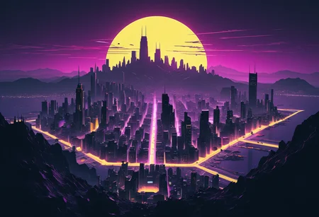 realistic, RAW photo, high quality, Stable_Yogis_PDXL_Positives, photo from a height of a huge <lora:gotham city style v3:0.1> gotham city style, made of , in <lora:Neon_Scene:0.1> neonscene, <lora:sdxl_cyberpunk:0.6> cyberpunk style vast city with bright day light,city inside a crater, in <lora:Clean_Minimalist:0.3> minimalistic, flat color, no lineart, silhouette, simple bright background,, featuring <lora:PAseer-SDXL-majesticmountain:0.0> mountain landscape,PYS-XL