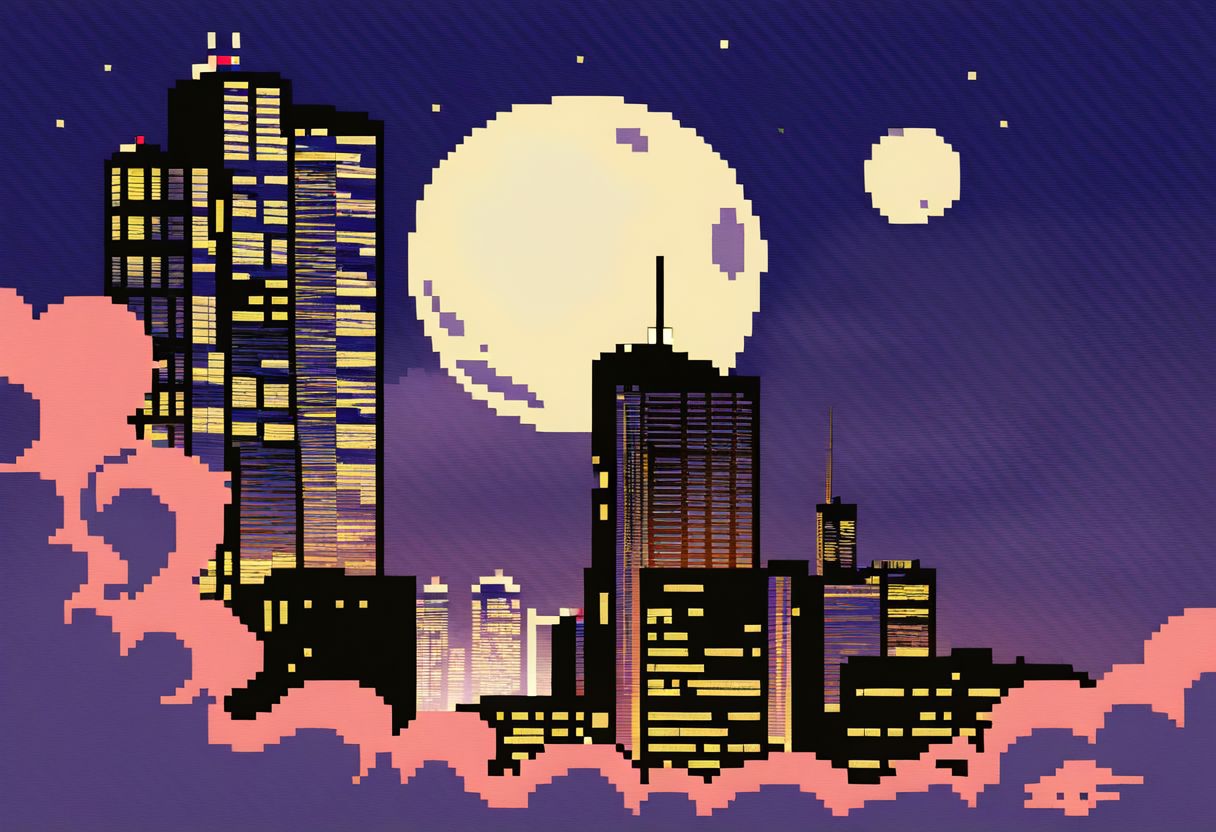 Retro, city at night, sky scraper in the distance mad-hrmtcwzrd, moon,