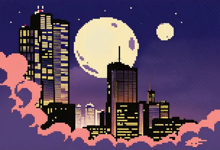 Retro, city at night, sky scraper in the distance mad-hrmtcwzrd, moon,