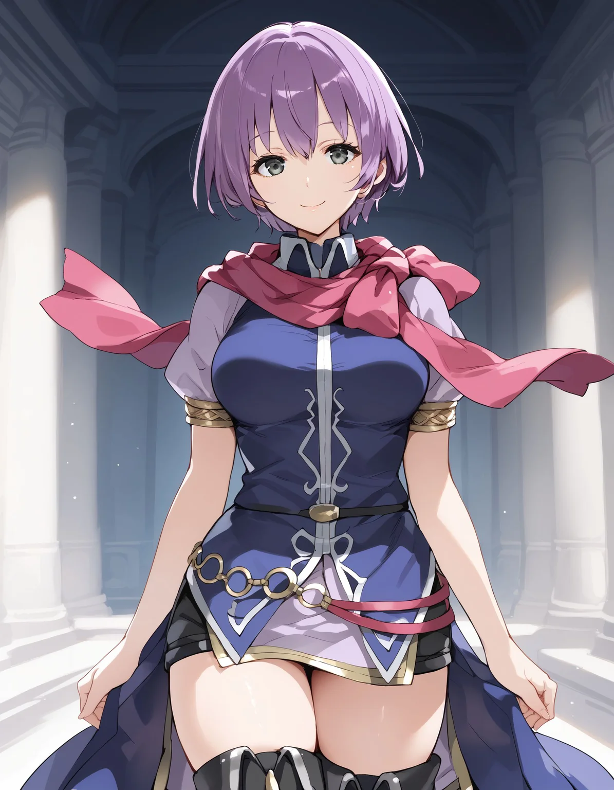 score_9, score_8_up, score_7_up, score_6_up, BREAK source_anime, best quality, masterpiece,
1girl,<lora:katarina fehPonyXL:0.8>,katarina feh,scarf,purple dress,black belt,o-ring belt,black shorts,thigh boots,cowboy shot,standing,smile,looking at viewer