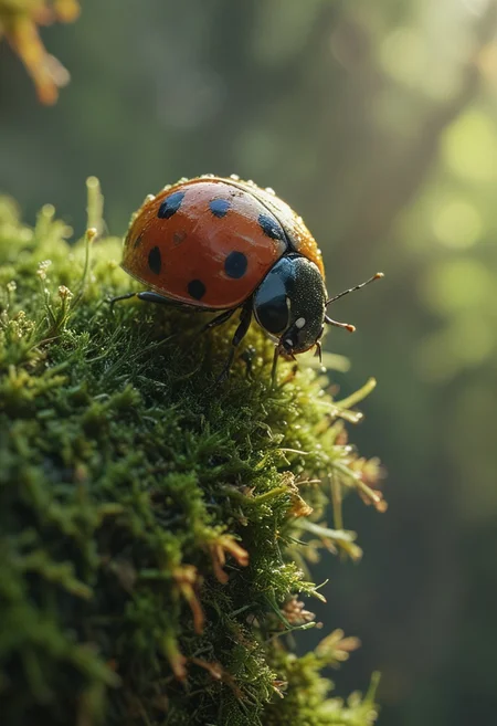 A photo of a rainbow colored ladybug on a moss covered branch, backlit, glow hyper realistic, natural soft rim light, cinematic lighting, concept art by arti stincent<lora:add-detail-xl:1> <lora:MJ52:0.5> <lora:sss:0.5>