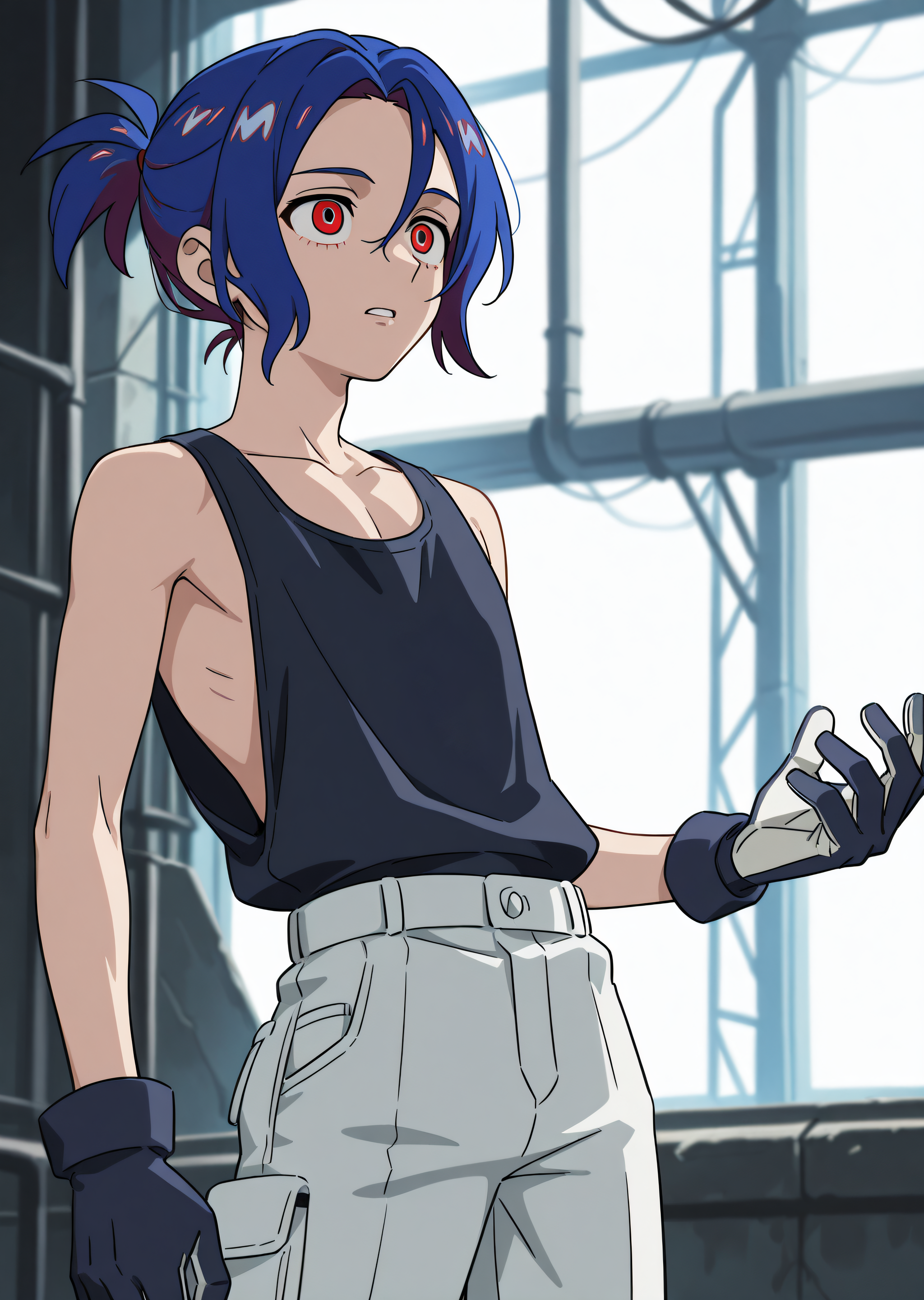 best quality, very aesthetic, absurdres, zPDXL, depth of field, volumetric lighting, BREAK
cowboy shot,
perfect face, ultra-detailed face, 
perfect eyes, detailed eyes,  
1boy, solo,
 <lora:shuji_ito:0.8>shujiito, red eyes, blue hair, short ponytail, hair between eyes, black tank top, white shirt, gloves, pants, white pants, white background,