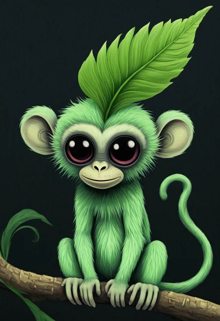 novuschroma style, Tanzee resembles a small, light green monkey with a big leaf in its forehead. Its tail has a small leaf on its tip.