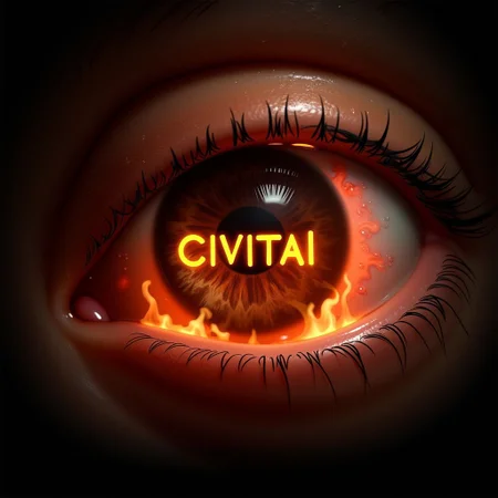 macro photography of a human eye, the eye is a portal to hell in hell text in fire reads "Civitai"