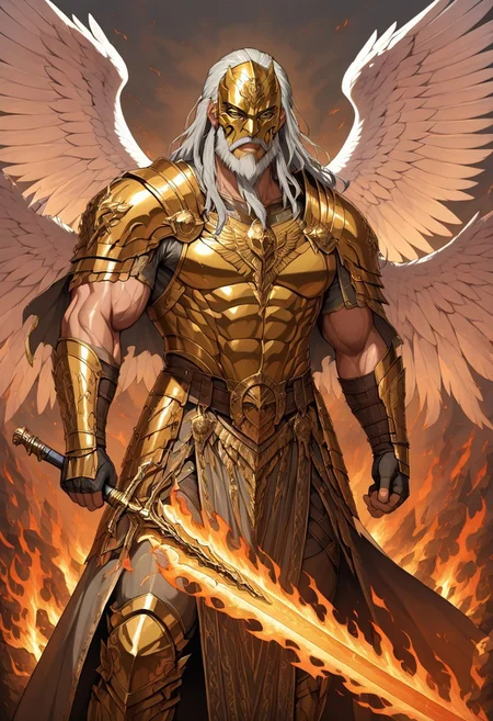 masterpiece, best quality, newest, absurdres, highres,
INFMixV1.0,
1boy, angel, angel wings, beard, armor, manly, muscular male, mask, face mask, golden mask, grey hair, facial hair, feathered wings,
sword, holding, holding sword, holding weapon, manly, muscular male, fire, fire sword, flame sword,