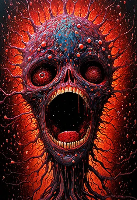 Handheld shot of a ((Virus)) monster (inside bloodstream) in style of [Dean Ellis: Steven DaLuz: 0.3],digital artwork by Beksinski, trypophobia:1.5, glitch, psychedelic:1.9, Psilocybin, trypophobia:1.3, hyper-detailed:1.1, ((best quality)), linquivera, masterpiece, detailed cells, (deep neurons):1.5, blacklight, scar, binary code and digital art, binary code, digital art, ral-dissolve:1.3, liiv, ((background blends with the subject nicely)), EdobHorrorLandscape