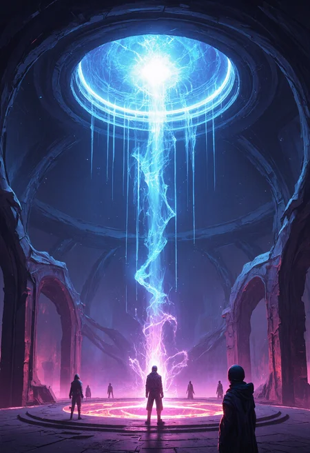 2D illustration scenery concept illustration showing a holographic observatory environment with strange anomalies appearing, teleporter malfunction, mysterious atmosphere. With flash split lighting, epic, atmospheric <lora:flux_skinny_slider>