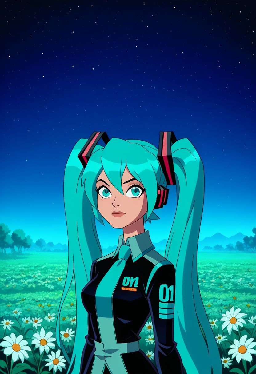 score_8, score_7, score_6, score_5,(masterpiece, best quality, amazing quality, detailed background), ,cowboy shot, wyatt, hatsune miku, 1 girl, night, field of flowers, space background, , character focus, upper body visible, zoomed in medium shot,