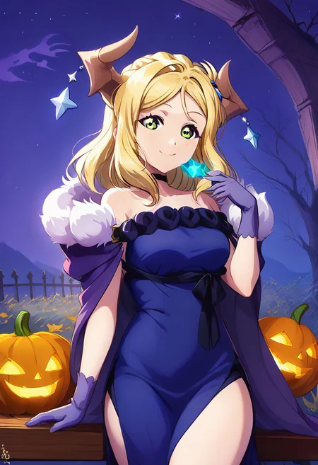 score_9, score_8_up, score_8, medium breasts, (curvy), cute, eyelashes, sitting on bench, side view, smile, looking at viewer, ,,,
MariMari, green eyes, blonde hair, demon horns, long hair, crown braid, blue dress, purple gloves, bare shoulders, purple cape, off-shoulder dress, side slit, black choker, fur trim,
(pumpkins), night, stars,
cowboy shot, BREAK, BREAK, embedding:zPDXL, Expressiveh, <lora:CatalystStylePDXL:0.3>, <lora:SDXLFaeTastic2400:0.5>, <lora:Expressive_H-000001:0.4>,
