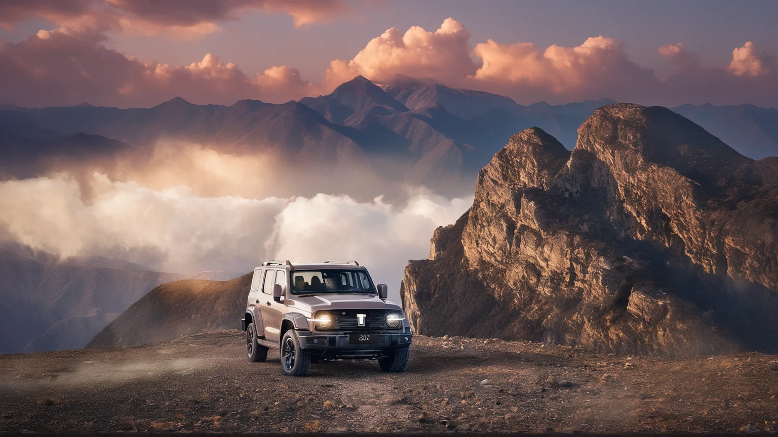 a gwm txxx parked in the top of rock mountain, sunset light across the clouds, clear background, beautiful, hd, 8k, (photographic:1.5), magnificent, grandiose, mac os wallpaper <lora:GWMTank300_V2.0:1>