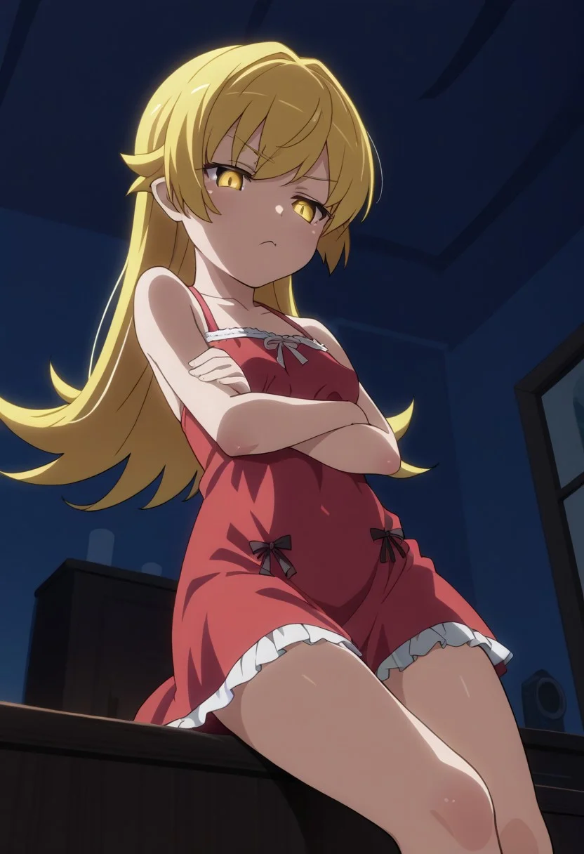1girl, solo, legs crossed, arms under breasts, pout, night, dim_lighting, bedroom, Shinobu, long hair, blonde hair, expresive eyes, small breasts, red_night_sleeping_dress, score_9, score_8_up, score_7_up, source_anime, anime screencap, anime coloring, from below, looking_down_to_viewer