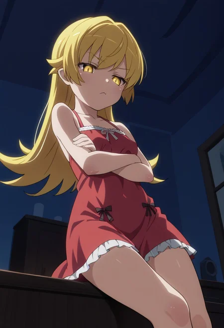 1girl, solo, legs crossed, arms under breasts, pout, night, dim_lighting, bedroom, Shinobu, long hair, blonde hair, expresive eyes, small breasts, red_night_sleeping_dress, score_9, score_8_up, score_7_up, source_anime,  anime screencap, anime coloring, from below, looking_down_to_viewer