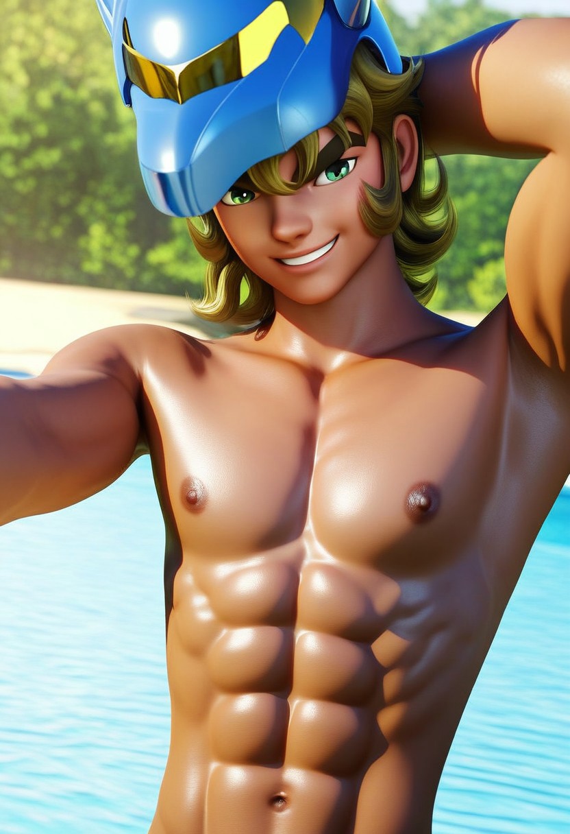 score_9, score_8_up, score_7_up, 1boy, male focus, Jabu, dark blonde hair, wavy hair, bangs, hair between eyes, green eyes, unicorn_helmet, light skin, thick eyebrows, slim muscular, twink, big round pecs, nipples, abs, upper body, portrait, half smile, young, dynamic angle, looking at viewer, male model standing, confident, outdoors, elegant atmosphere, relaxed and carefree vibe, high quality, realistic, hd render, retro artysle, anime source, 1980's style, 1980's anime,