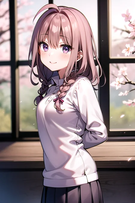 Tsube Hana,1girl, side braid, ahoge, light brown ,hair pink hair, purple eyes, hair tie, arms behind back,light smile,, classroom, open window, cherry blossoms, river