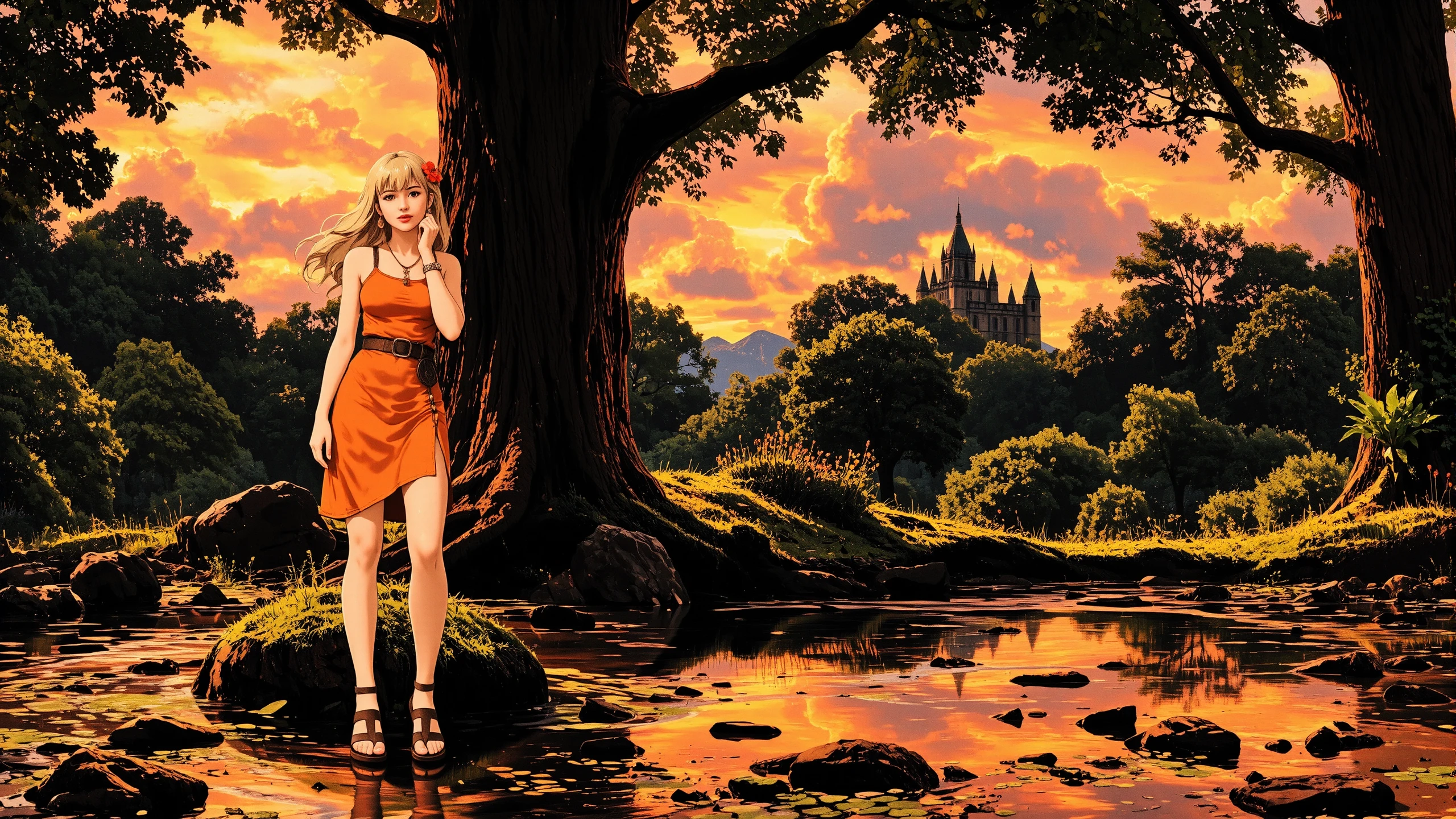 long hair medium blonde hair young woman, druid, illustration, comic, anime, extremely detailed, portrait, standing, happy smile, flower in hair, glossy lipstick, celtic necklace, medallion earrings, loincloth, sandals,  Construction Orange druid short dress, legs, sharp focus, fantasy, celtic landscape, small rock, moss, ripples, reflections, celtic  castle, small river pond, druid forest, druid village, stunning nature environment, enchanted land, clovers, Bright Camel flowers, best quality, colorful, wet floor, bright sunny sky, sunset, raytracing, hdr, high contrast, ethereal natural lights, backlight, lens flare, shadows, vibrant colors, colorful, pretty, beautiful, happy, smiling, feminine, sexy, lovely, in love, adorable, fashion,  <lora:Hand v2:1> <lora:Anti-Blur:1><lora:Insane Detail Slider:0.5>  <lora:flux.1_lora_flyway_Epic-detail_v2:0.3><lora:fluxenhancer:0.5> <lora:RetroAnimeFluxV1:0.4> <lora:Luminous_Shadowscape:0.4>